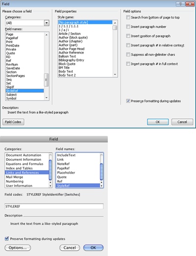 The Field dialog box shown in Word 2010 (top) and Word 2011 (bottom).