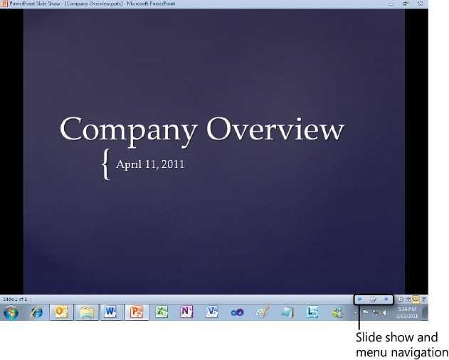 A presentation shown in the new PowerPoint 2010 Reading view.