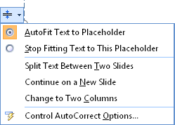 AutoFit options for the content placeholder on a slide using the Title And Content layout, shown in PowerPoint 2010.