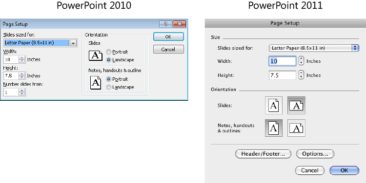 The Page Setup dialog box for managing slide size and orientation settings.