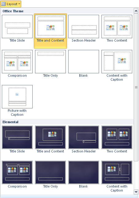 The Slide Layout gallery in PowerPoint 2010.