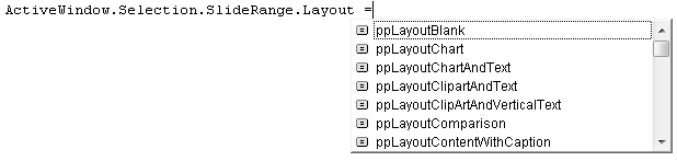 The list of available constants for PowerPoint slide layout types, as shown in the Immediate window of the Visual Basic editor.