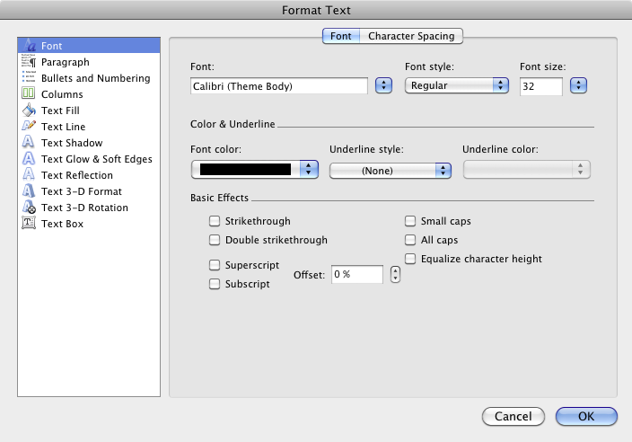 The Format Text dialog box in PowerPoint 2011.