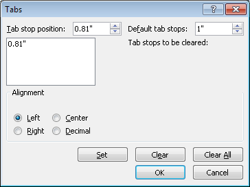 The Tabs dialog box in PowerPoint 2010.