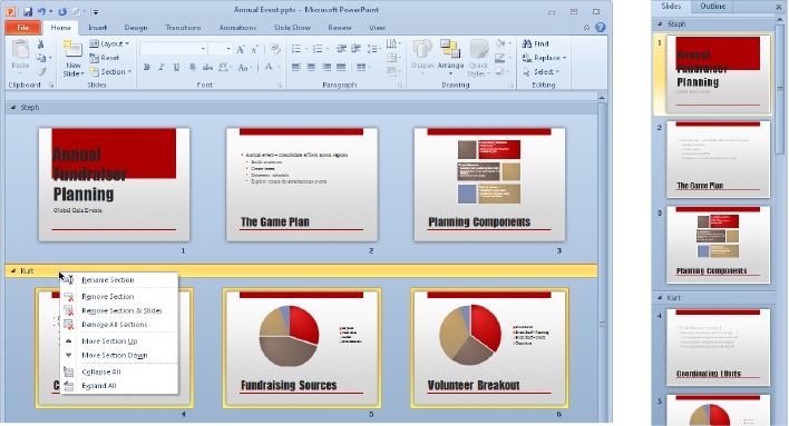 Slide sections are visible in both Slide Sorter view and the Slides pane. Right-click a section heading in either location for the shortcut menu you see here in Slide Sorter view.