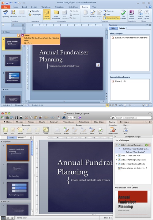 The Compare And Merge feature, shown in PowerPoint 2010 (top) and PowerPoint 2011 (bottom).