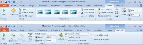 The Video Tools Format and Playback tabs in PowerPoint 2010.