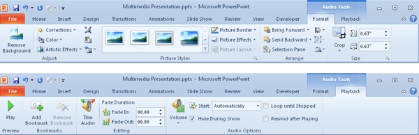 The Audio Tools Format and Playback tabs in PowerPoint 2010.