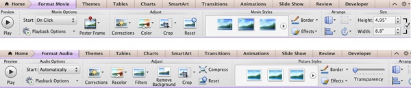 The Format Movie and Format Audio tabs in PowerPoint 2011.