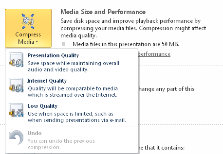 Compress Media options in PowerPoint 2010.