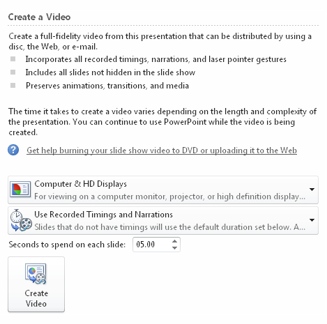 Create A Video options in PowerPoint 2010.