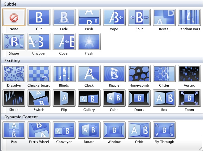 The Transitions gallery in PowerPoint 2011.