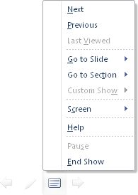 Slide show options displayed during a show in PowerPoint 2010.