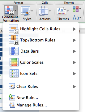 New conditional formatting options in Excel 2011.