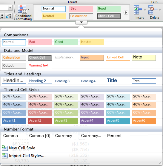 The new Cell Styles gallery in Excel 2011.