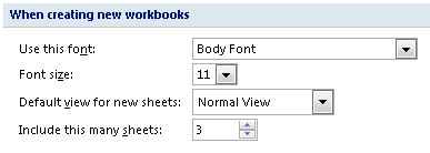 Excel 2010 options for setting new workbook defaults in the Excel Options dialog box.