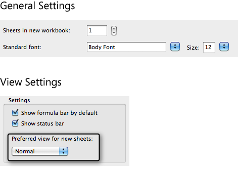 Excel 2011 options for setting new workbook defaults in the Excel Preferences dialog box.