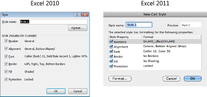 The Style dialog box for Excel 2010 and New Cell Style dialog box for Excel 2011.