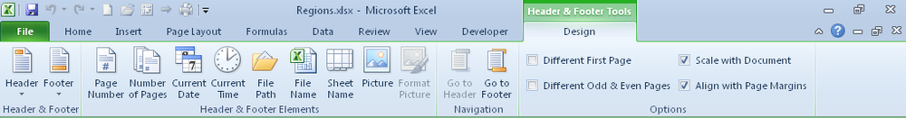 The contextual Header & Footer Tools Design tab in Excel 2010.