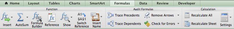 The Formulas tab in Excel 2011.