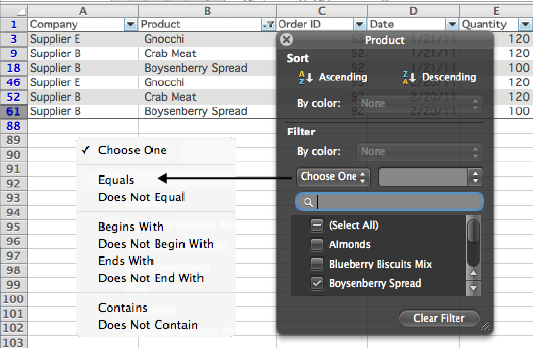 New AutoFilter options in Excel 2011.