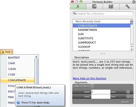 The Function Library in Excel 2010 (left) and the Formula Builder in Excel 2011 (right) provide similar tools to help you easily create the formulas you need.