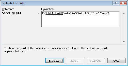 The Evaluate Formula dialog box for Excel 2010.