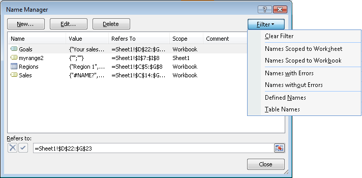 The Name Manager dialog box for Excel 2010.