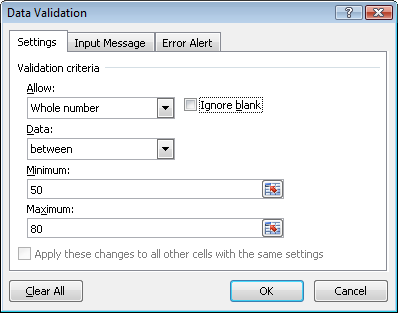 On the Settings tab, specify criteria for data entered into selected cells. Actions on the other two tabs of this dialog box are ignored if no criteria are set on this tab.