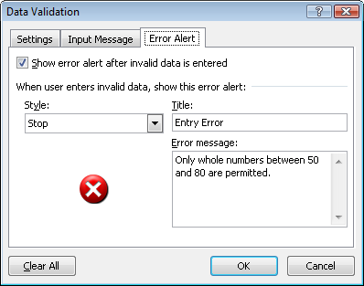 On the Error Alert tab, specify what you want to happen, if anything, when an error occurs.