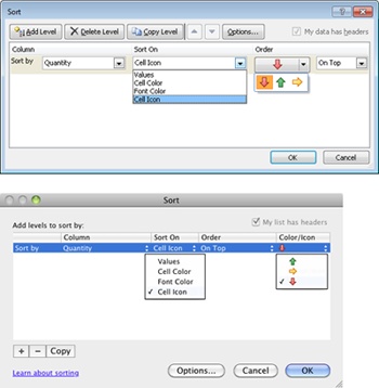 The Sort dialog box in Excel 2010 (top) and Excel 2011 (bottom).