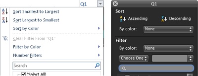 AutoFilter options for sorting and filtering, shown in Excel 2010 (left) and Excel 2011 (right).