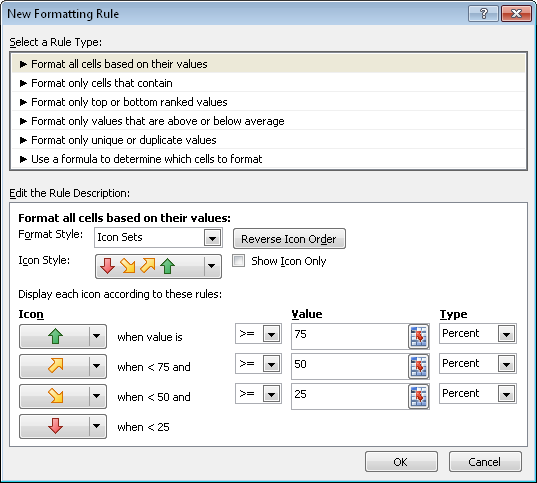 The New Formatting Rule dialog box as it appears when you are customizing an icon set.