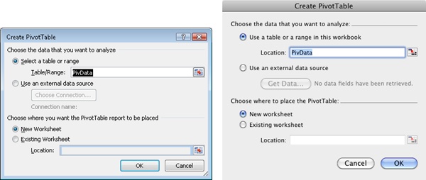 The Create PivotTable dialog box, shown in Excel 2010 (left) and Excel 2011 (right).