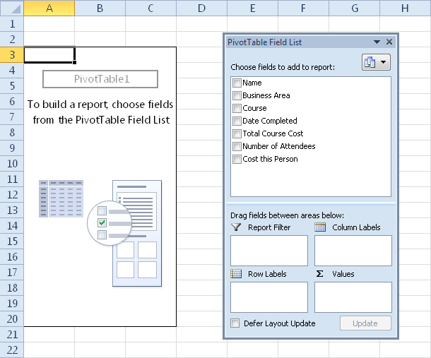 An empty PivotTable and the PivotTable pane, shown in Excel 2010.