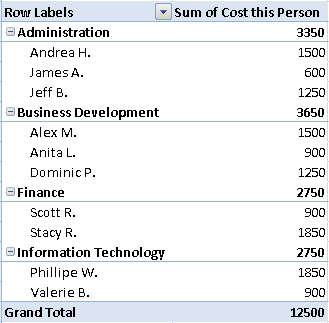 The sample PivotTable grouped by Business Area and then Name.