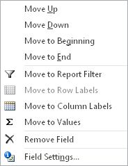 Pop-up menu options for an active field in the Excel 2010 PivotTable pane.