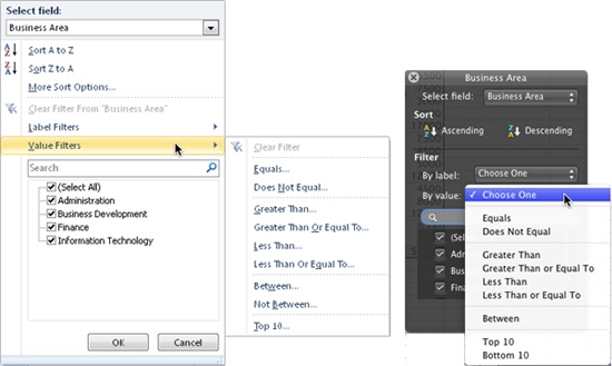 PivotTable sort and filter options shown in Excel 2010 (left) and Excel 2011 (right).