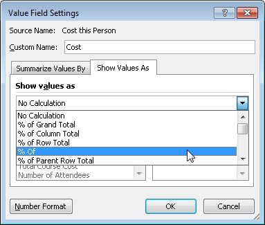 The Value Field Settings dialog box in Excel 2010 (left) and the PivotTable Field dialog box in Excel 2011 (right), displaying Show Values As (Show Data As) options.