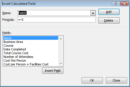 The Insert Calculated Field dialog box, shown in Excel 2010.