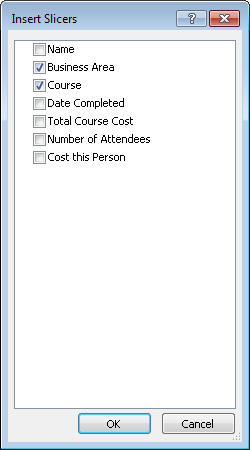 The Insert Slicers dialog box.