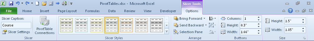 The Slicer Tools Options tab in Excel 2010.