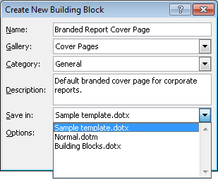 The Create New Building Block dialog box.