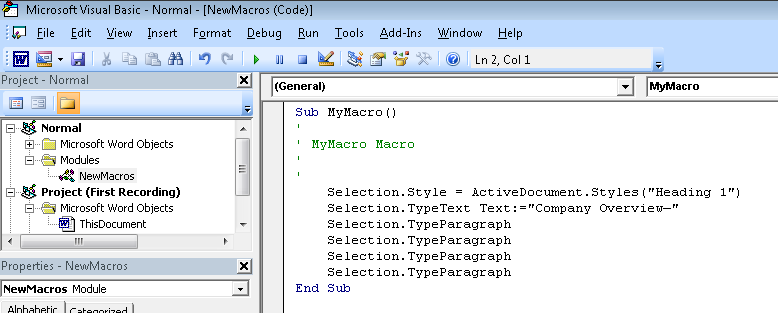 The Record Macro dialog box, shown in Word 2010.