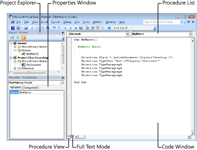 The Visual Basic Editor in Word 2010.