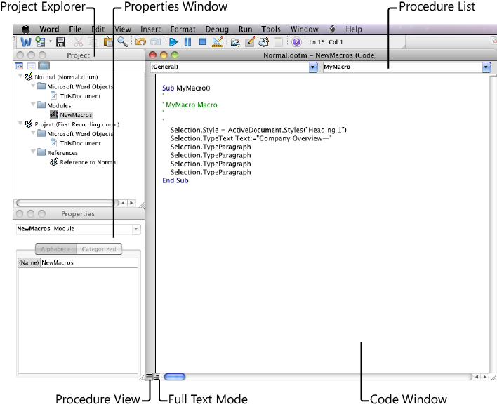 The Visual Basic Editor in Word 2011.