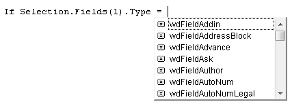 Field type constants, shown in the Word 2010 Visual Basic Editor.