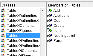 Members of the Tables collection object, shown in the Object Browser.