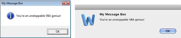 A message box with custom title bar and information icon, shown in Office 2010 (left) and Office 2011 (right).