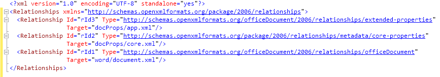 The top-level relationship file for a simple Word document package.